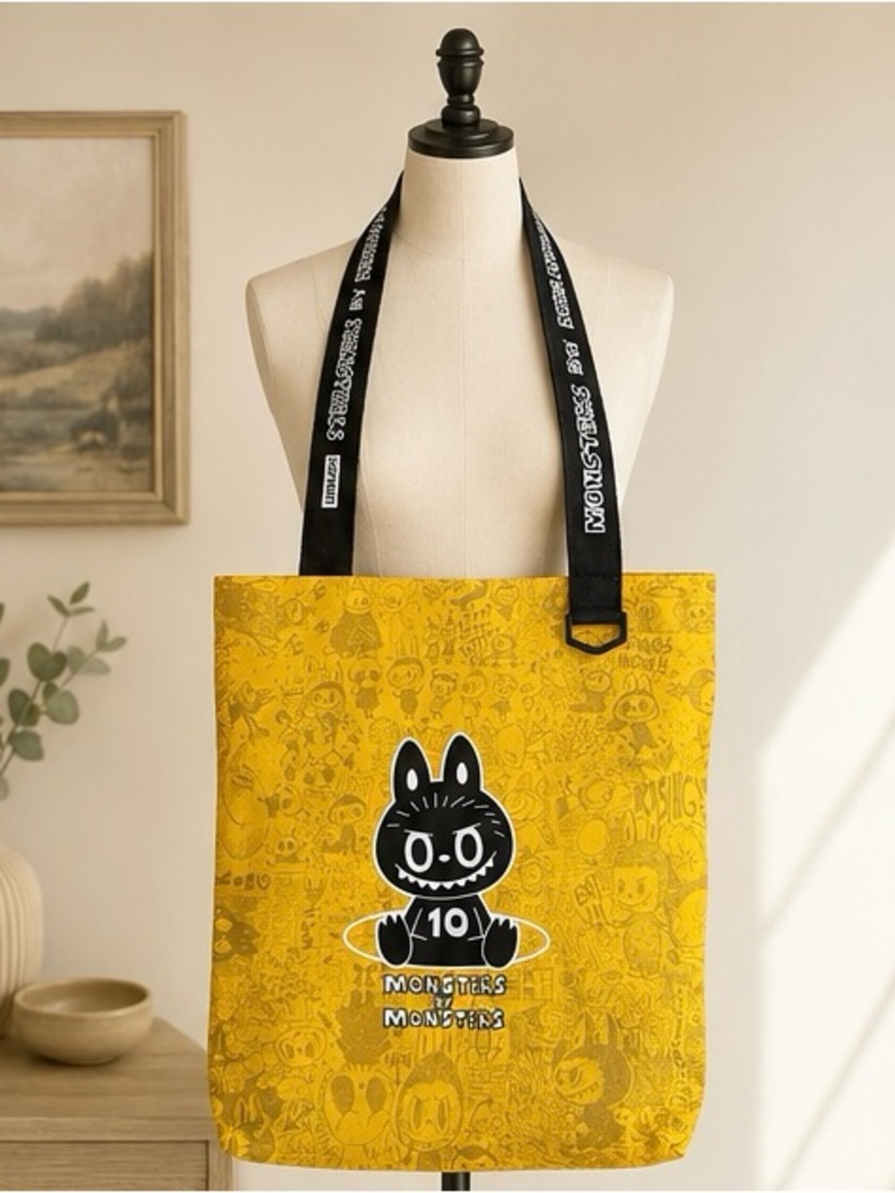 POP MART Monsters 10th Anniversary Yellow Tote Bag w/ Black Shoulder Straps.